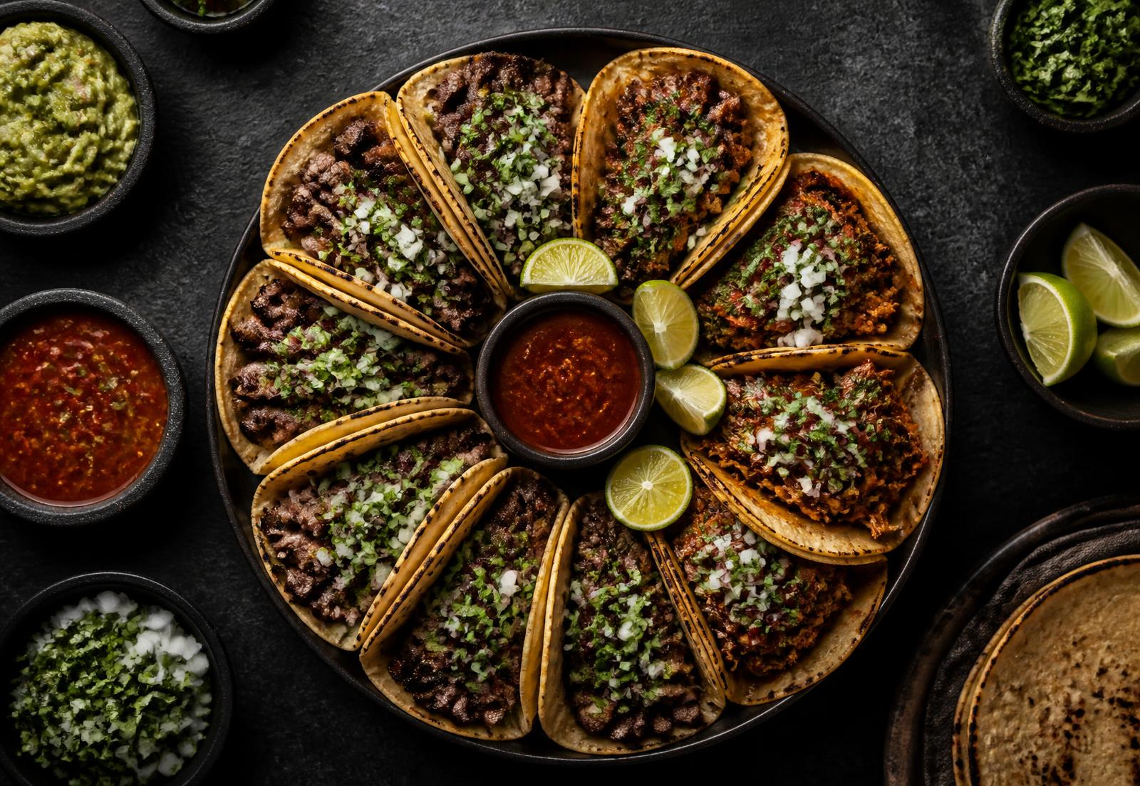 Platter of authentic Mexican street tacos with salsa and lime